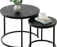 Round Coffee Tables, Set of 2 End Table, Nesting Tables, Side Table with Metal Frame for Living Room/Bedroom/Balcony/Office/Apartment, Diameter 23.6/15.7 IN (Black Frame, Black Wood Marble Finish Top