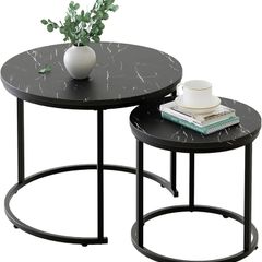 Round Coffee Tables, Set of 2 End Table, Nesting Tables, Side Table with Metal Frame for Living Room/Bedroom/Balcony/Office/Apartment, Diameter 23.6/15.7 IN (Black Frame, Black Wood Marble Finish Top