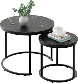 Round Coffee Tables, Set of 2 End Table, Nesting Tables, Side Table with Metal Frame for Living Room/Bedroom/Balcony/Office/Apartment, Diameter 23.6/15.7 IN (Black Frame, Black Wood Marble Finish Top