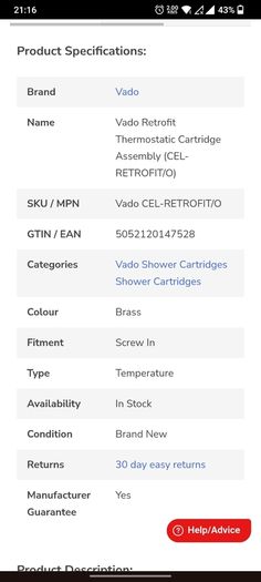 VADO Thermostatic shower mixer valve upgrade CEL-RETROFIT/O