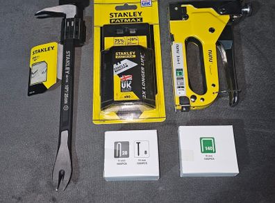 Stanley Fatmax Pry Bar, 50 x Stanley Fatmax blades & 3 in 1 Heavy Duty Tacker includes: 3,000 staples & brad nails