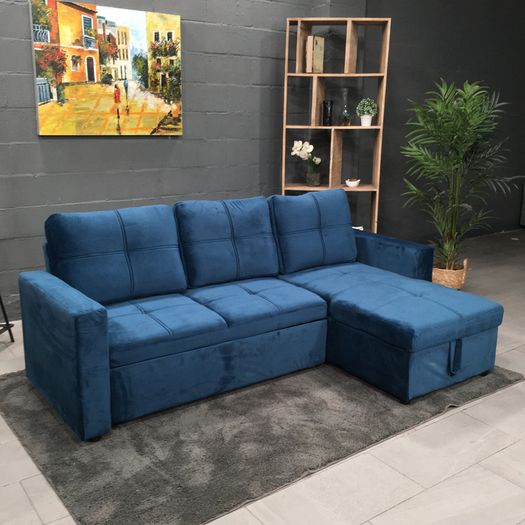 Blue velvet Corner Sofa Bed with Storage 215cm
