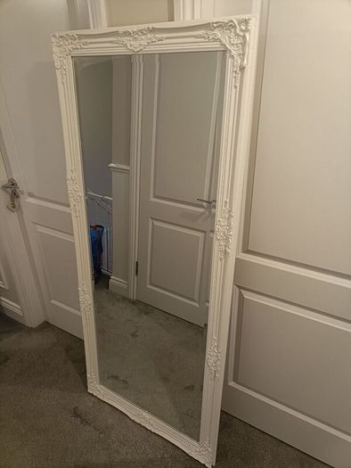Large white, baroque style, ornate full length mirror