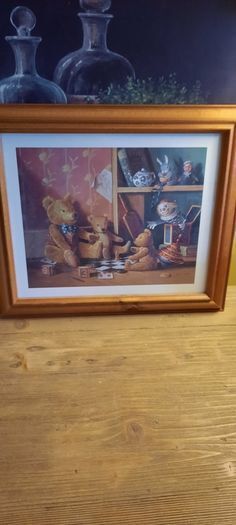 Vintage Raymond Campbell Teddy Bear Picture/ Solid Pine Frame, AV