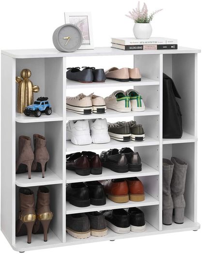 _shoe rack, shoe organizer with adjustable shelf levels, hallway shelf, shoe storage, easy-care melamine coating, 92 x 30 x 88.5 cm, white