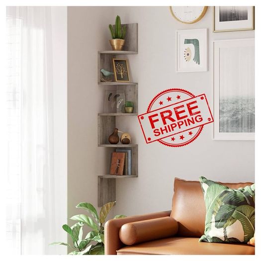 NEW SALE | Corner Shelf, Wall Shelf, 5 Tiers, Zigzag Floating Shelf, Bookcase for Kitchen, Bedroom, Living Room, Office, Rustic Brown