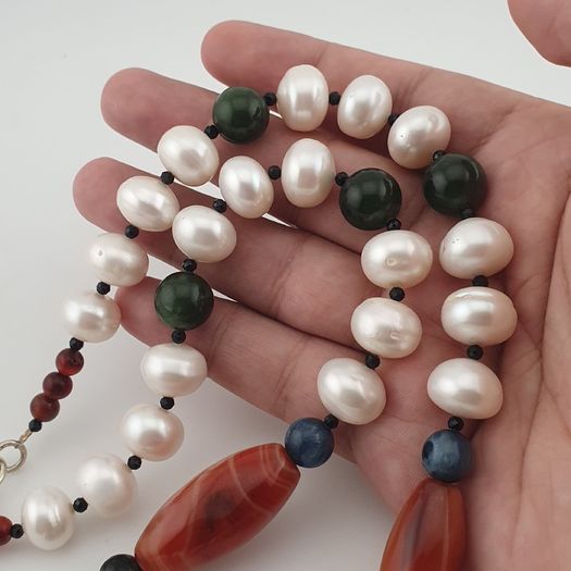 Authentic Freshwater Pearl Necklace with African Carnelian & Jade Beads