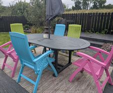 Colourful Solid-Wood Garden Table, 6 Reclining Chairs & Parasol