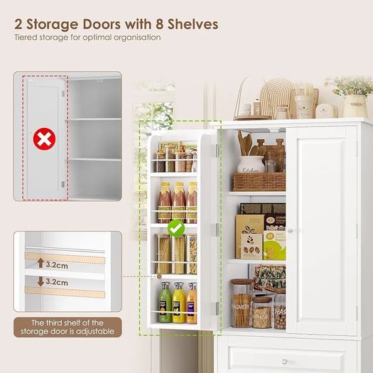 Kitchen Cupboard Tall Kitchen Cabinet Pantry Cupboard with 2 Doors Storage Free Standing Sideboard Storage Cabinet, 2 Drawers, Adjustable Shelves 60x40x120cm White