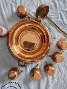 ANTIQUE Copper Punch bowl with cups with hook  & ladel