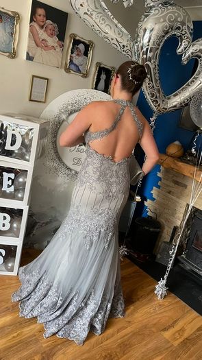 silver grey long debs dress
