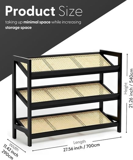 3 Tier Bamboo and Rattan Shoe Organiser Rack  Eco Friendly, Durable, Easy Assembly Compact Design for Entryway, Closet, or Hallway  Stylish and Functional Storage Black and Natural