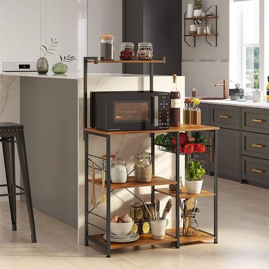 Bakers Rack with Shelves  Microwave Stand with Wire Basket, 6 S-Hooks, Kitchen Shelf, Utility Storage for Spices Pots and Pans Rustic Brown