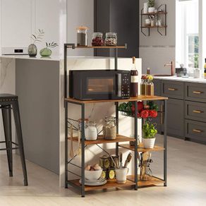 Bakers Rack with Shelves  Microwave Stand with Wire Basket, 6 S-Hooks, Kitchen Shelf, Utility Storage for Spices Pots and Pans Rustic Brown