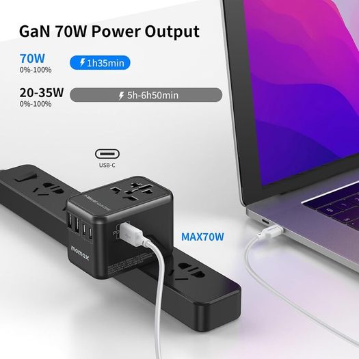 MOMAX Universal Travel Adapter,70W GaN Travel Plug Adapter with UK/EU/AU/US Plugs, 3USB-C PD & 2USB-A QC International Adapter Charger, Adapter Plug for Laptops Tablets Phones Vision Pro 1-World