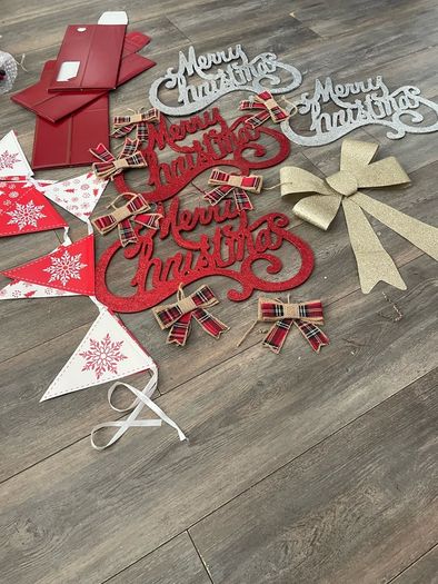 Christmas decorations and 3 gift wine boxes
