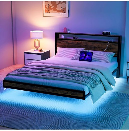 Double Size Floating Bed Frame with Wooden Headboard Storage, Brown Charging Station, LED Lights, Ergonomic 95-degree Headboard Angle, Heavy Duty Metal Slats, No Box Spring Needed