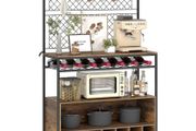 Kitchen rack with work surface, metal grid panels, 5 hooks, kitchen cabinet for spices, pots, pans, brown