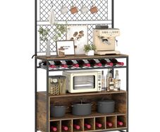 Kitchen rack with work surface, metal grid panels, 5 hooks, kitchen cabinet for spices, pots, pans, brown