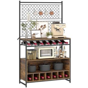 Kitchen rack with work surface, metal grid panels, 5 hooks, kitchen cabinet for spices, pots, pans, brown