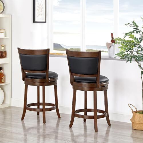 Bar Stools Set of 2 Swivel Counter Stool, Wood Frame Kitchen Island Stool-Chair, 24in Upholstered Barstool with Backrest & Footrest, Cappuccino, 61cm Seat Height