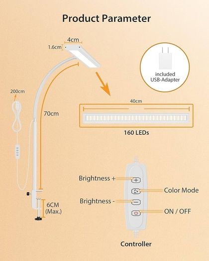 160 LED Desk Lamp Super Bright Dimmable Clamp Lamp for Home Office with 3 Colour Temperatures and 10 Brightness Levels, Office Lamp with 10W USB Adapter