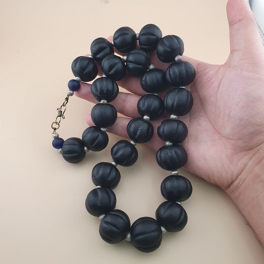 Antique African Style Dark Black Melon Shape Glass Beads Necklace