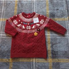 3-6m, Brand-New Next Baby Red Fair Isle Cable Knit Robin Jumper Dress