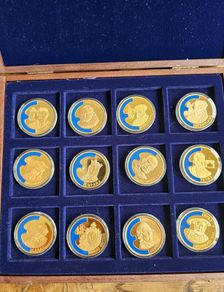 European Union 1998 2000 Gold Plated Proof Coin Medal Lot of 12 in Mahogany Holder 40mm