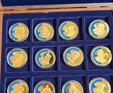 European Union 1998 2000 Gold Plated Proof Coin Medal Lot of 12 in Mahogany Holder 40mm