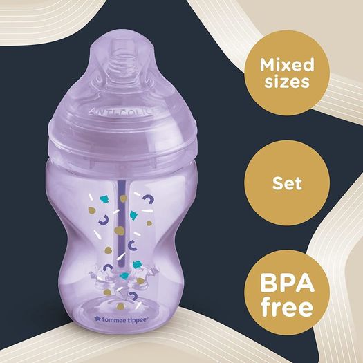 Advanced Anti-Colic Newborn Baby Bottle Starter Kit, Slow-Flow Breast-Like Teats and Unique Anti-Colic Venting System, Mixed Sizes, Purple