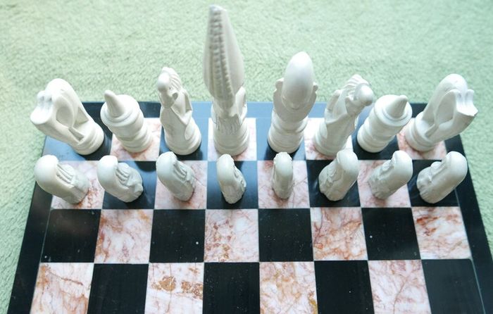 Vintage Marble Chess Board, 14 inch and Handcrafted African Soapstone Chess Set (king 6")
