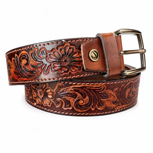 Unisex Genuine Leather Belt Vintage Embossed Design with Antique Buckle Casual & Formal Waist Belt