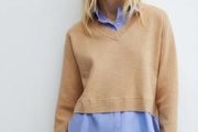 Mango Combined Knit Jumper and Shirt Mock Layer Top   Size XL UK 14