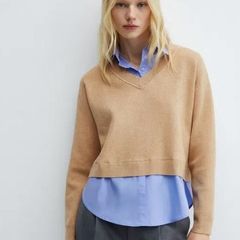 Mango Combined Knit Jumper and Shirt Mock Layer Top   Size XL UK 14
