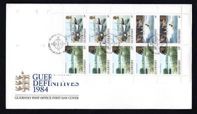 1984 Guernsey UK1 Definitive Stamps Booklet pane (ex booklet featuring View of Post Office Headquarters, St Peter Port First Day Cover (FDC)