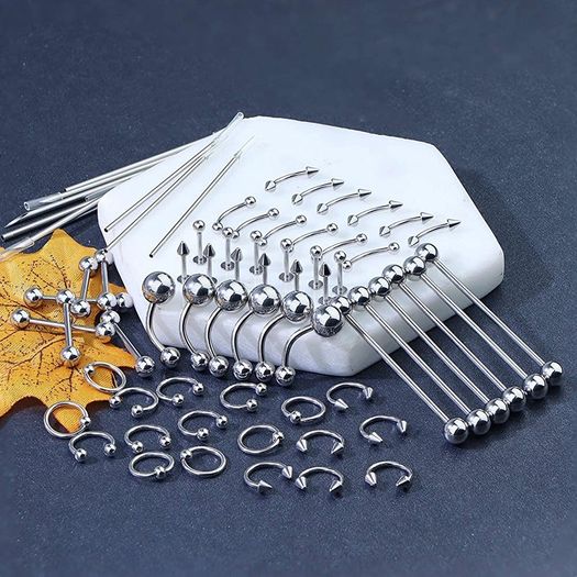 60Pcs Professional Piercing Kit 316L Stainless Steel Nose Ring Horseshoe Lip Tongue Eyebrow Rook Septum Tragus Cartilage Body Piercing Ear Navel Rings Barbells (FREE POSTAGE)