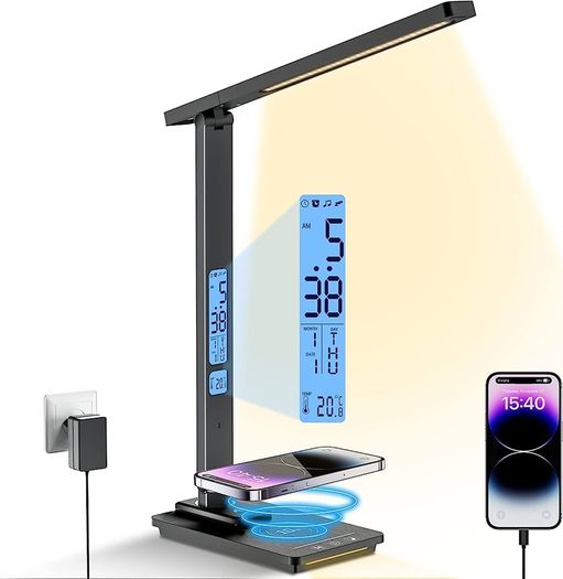 LED Desk Lamp with Wireless Charger, USB Charging Port, 5 Colors 5 Brightness Dimmable Eye-Caring Desk Lamp, Night Lights, Clock & Calendar & Temperature Table Lamp for Home Office MULTIPLE COLOURS AVAILABLE (FREE SHIPPING)