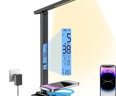 LED Desk Lamp with Wireless Charger, USB Charging Port, 5 Colors 5 Brightness Dimmable Eye-Caring Desk Lamp, Night Lights, Clock & Calendar & Temperature Table Lamp for Home Office MULTIPLE COLOURS AVAILABLE (FREE SHIPPING)