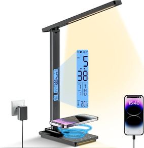 LED Desk Lamp with Wireless Charger, USB Charging Port, 5 Colors 5 Brightness Dimmable Eye-Caring Desk Lamp, Night Lights, Clock & Calendar & Temperature Table Lamp for Home Office MULTIPLE COLOURS AVAILABLE (FREE SHIPPING)