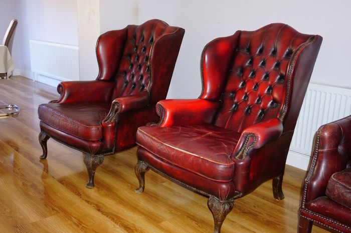 Millbrook Wingback Armchairs, Matching Pair c.1960s, Chesterfield styled in Red Oxblood Leather
