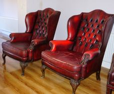 Millbrook Wingback Armchairs, Matching Pair c.1960s, Chesterfield styled in Red Oxblood Leather