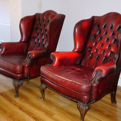 Millbrook Wingback Armchairs, Matching Pair c.1960s, Chesterfield styled in Red Oxblood Leather