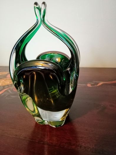 Vintage Green Art Glass Basket Vase by Josef Hospodka. Chribska Glassworks.