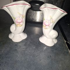 Two Vintage Porcelain Cornucopia-style Horn Shell Bud Vases, Postage available or Collection