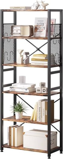 NEW SALE | 6 Tier Bookshelf, Standing Bookcase with 2 X-shape Strips,Metal Mesh Side Panels, 8 S-shaped Hooks, Industrial Storage Rack for Office, Living Room