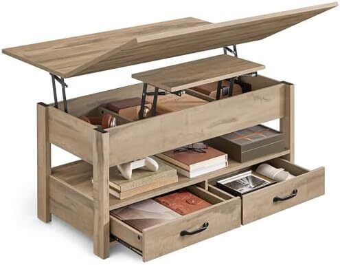 Coffee Table Height Adjustable Gas Cylinder 2 Drawers Camel Brown