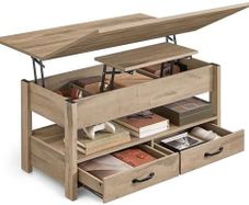Coffee Table Height Adjustable Gas Cylinder 2 Drawers Camel Brown