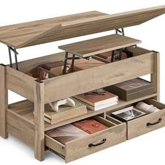 Coffee Table Height Adjustable Gas Cylinder 2 Drawers Camel Brown