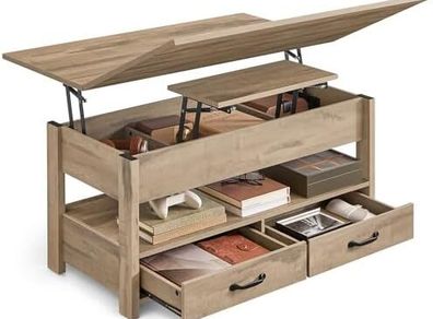 Coffee Table Height Adjustable Gas Cylinder 2 Drawers Camel Brown